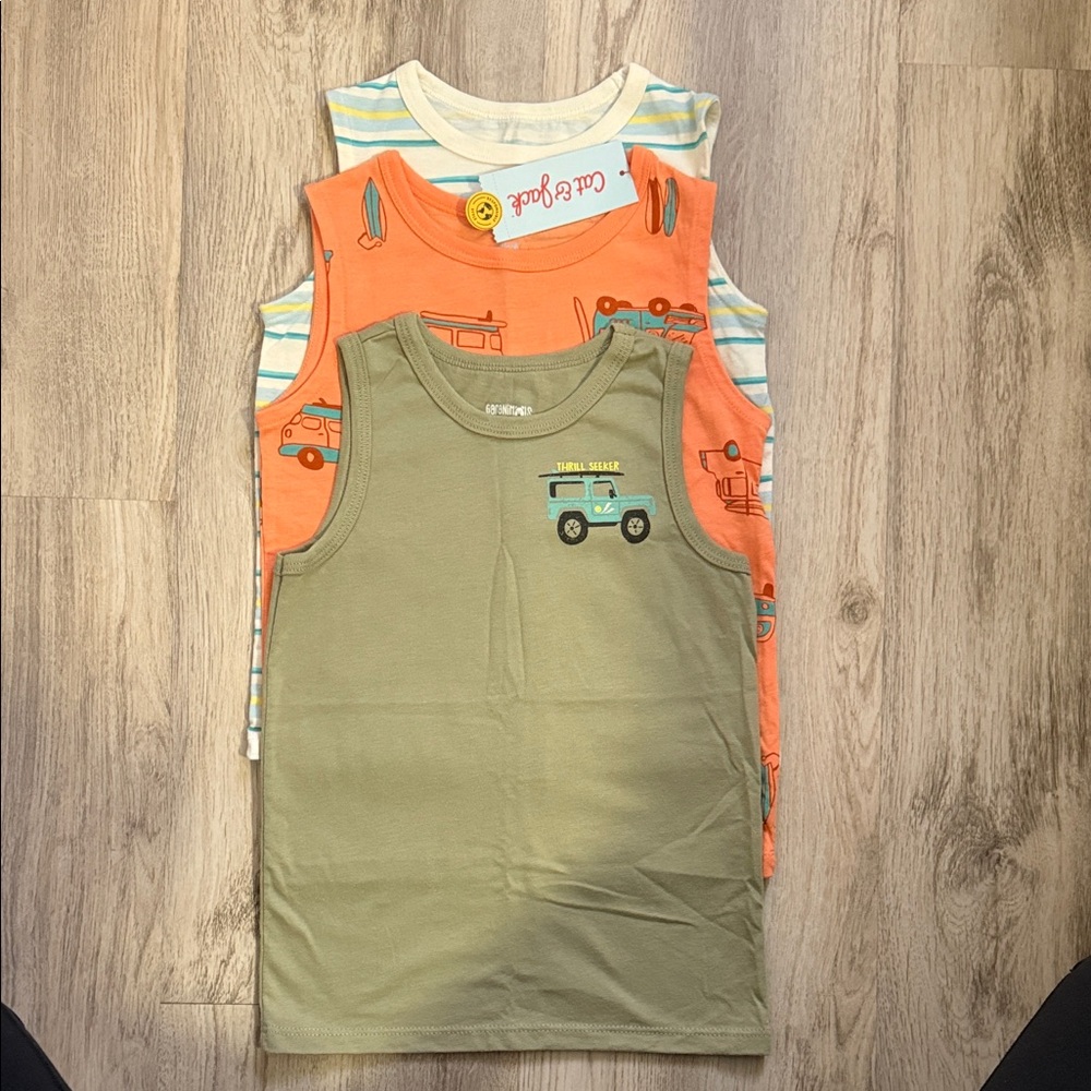 Kids Sleeveless Adventure Tank Tops - Green, Orange, and Striped